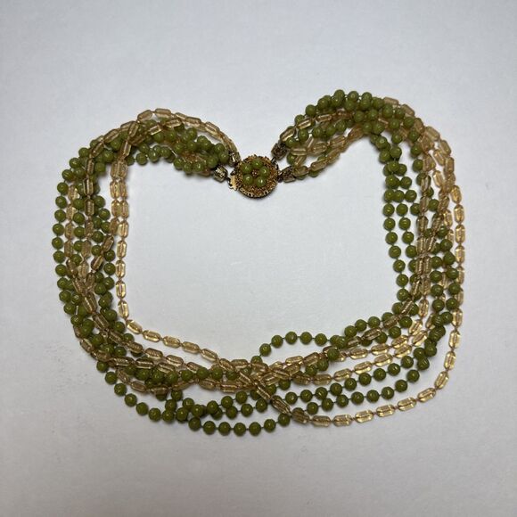Vintage 1940s 8-Strand Green Beaded Torsade Necklace - Ornate Clasp Estate Piece - Picture 7 of 11